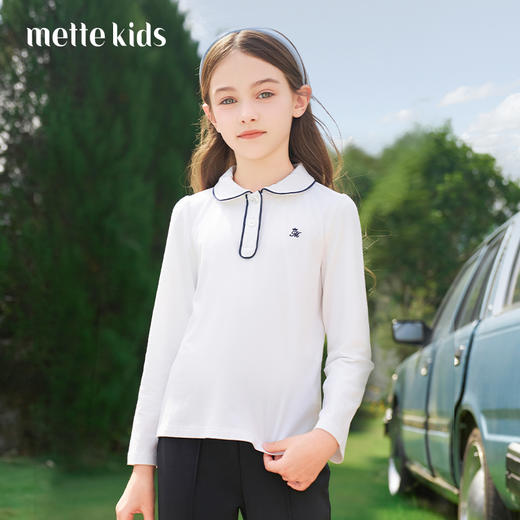 mettekids女童长袖T恤2024春秋白色休闲童装儿童百搭打底衫上衣 商品图0