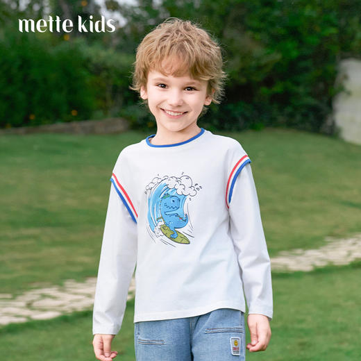 mettekids男童长袖t恤2024新款春秋休闲假两件儿童时尚拼接打底衫 商品图0