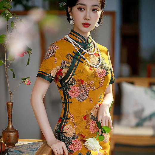 TZF-时尚复古立领长款花罗中国风修身旗袍 商品图1