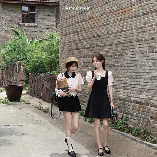 XS/M码金蘑菇菇【le serein少女心小黑裙】少女感泡泡袖拼接收腰连衣裙 商品图1