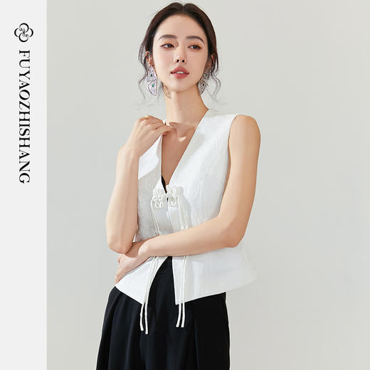 FUYAO扶摇 国风马夹女春季新款白色马甲民族风内外搭背心立领外套 商品图1