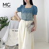 mc2方领复古牛仔短袖上衣配A字半身裙两件套显瘦气质小个子套装裙 商品缩略图1