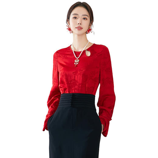 FUYAO扶摇 中国风盘扣衬衫女春季新中式红色提花圆领复古小衫上衣 商品图4
