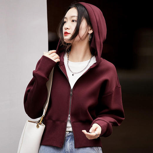 下单3-5天发货！ORIGNAL&CO车厘子红立体阔形空气感拉链连帽开衫/卫衣 380g云感空气层面料，哑光质感，显白显瘦显气质 商品图0