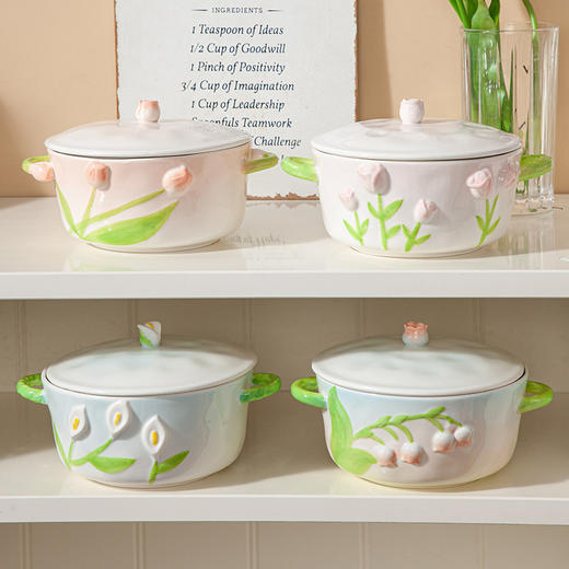 「数款可选！颜值派」创意小清新陶瓷泡面碗浮雕带盖釉下彩学生宿舍家用双耳汤碗沙拉碗餐饮用具 商品图1