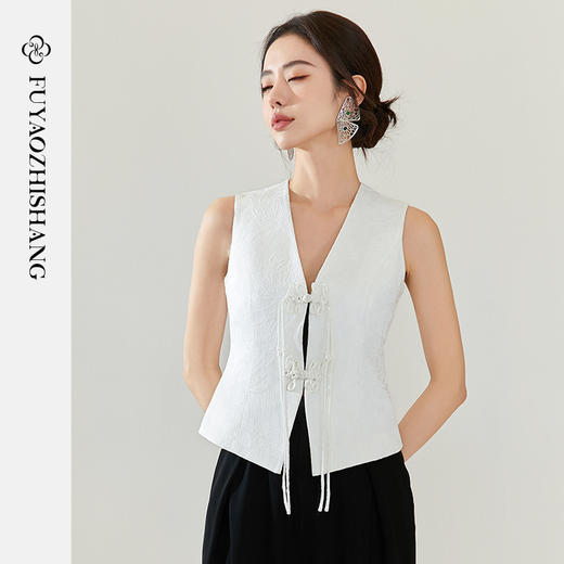 FUYAO扶摇 国风马夹女春季新款白色马甲民族风内外搭背心立领外套 商品图3