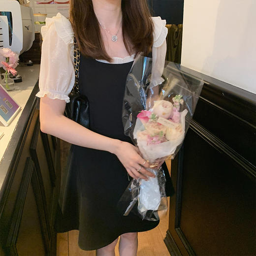 XS/M码金蘑菇菇【le serein少女心小黑裙】少女感泡泡袖拼接收腰连衣裙 商品图3