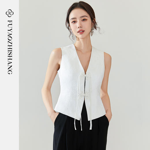 FUYAO扶摇 国风马夹女春季新款白色马甲民族风内外搭背心立领外套 商品图0