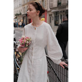 MAISON CECILE复古双色亚麻收腰灯笼袖连衣裙