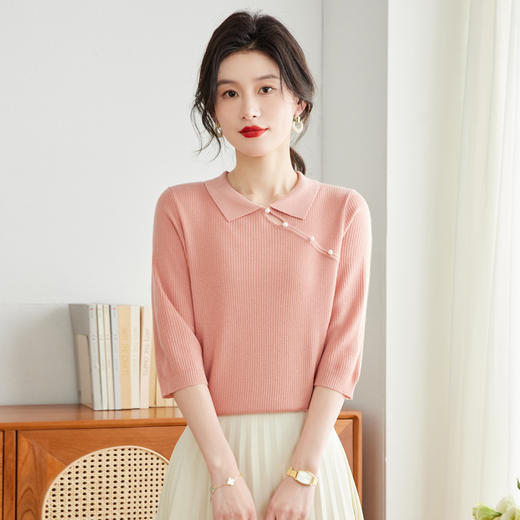 娃娃领七分袖针织衫，女冰丝半袖上衣春夏季新款翻领t恤上衣CC-16-6820 商品图0