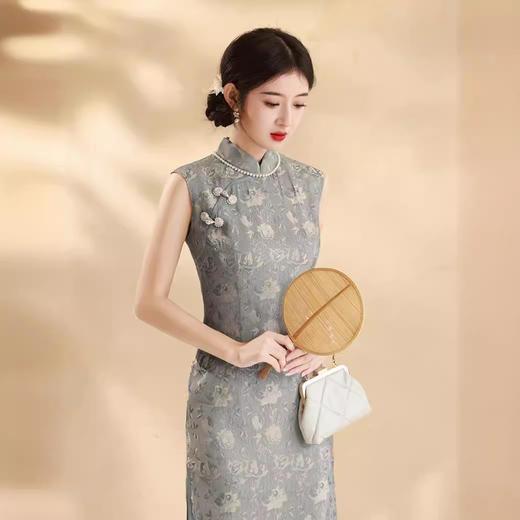 春夏新款，改良旗袍无袖气质年轻款灰色中长款旗袍XL-24006 商品图2