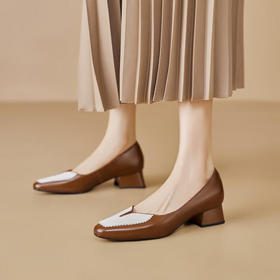 TZF-真皮方头气质拼色单鞋女春季新款浅口复古粗跟舒适柔软皮鞋