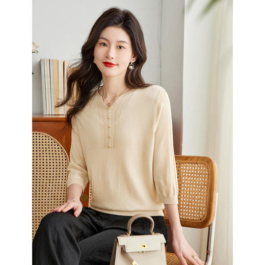 新中式针织衫，复古七分袖宽松t恤衫春秋新款小衫外穿套头卫衣CC-16-6821 商品图0