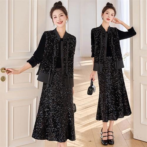 2024新中式套裙女春季新款亮片马甲丝绒半身裙两件套LZW-HMQY5197 商品图1