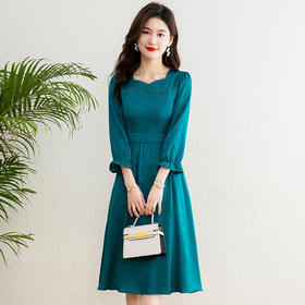 春夏新款，七分中袖裙气质女装中长款高腰蓝色连衣裙QYM-TB-CY0300-Y