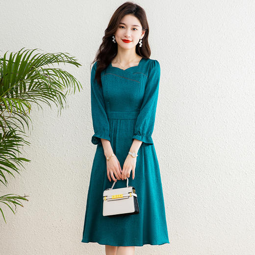 春夏新款，七分中袖裙气质女装中长款高腰蓝色连衣裙QYM-TB-CY0300-Y 商品图0
