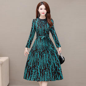 春秋新款，长袖圆领中长款腰带碎花A字裙花色连衣裙QYM-JJ-928713-Y