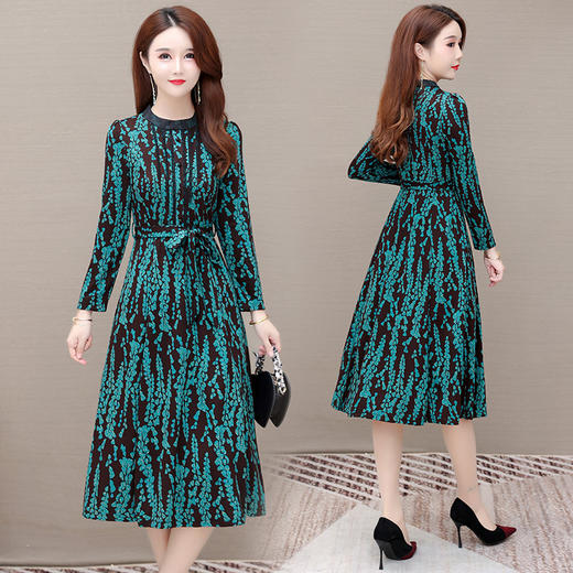 春秋新款，长袖圆领中长款腰带碎花A字裙花色连衣裙QYM-JJ-928713-Y 商品图2