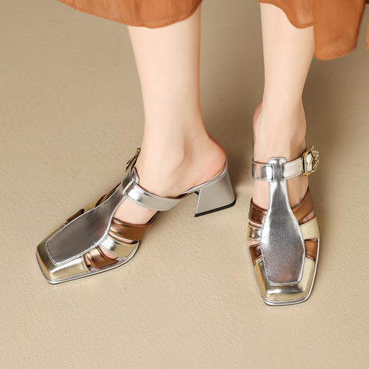 【预售5天】夏季新款，拼接撞色真皮高跟半拖BY-H2217 商品图5