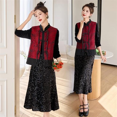 2024新中式套裙女春季新款亮片马甲丝绒半身裙两件套LZW-HMQY5197 商品图2