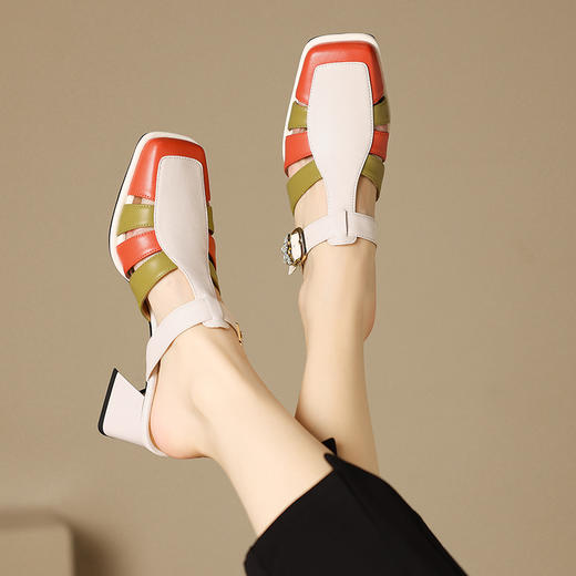 【预售5天】夏季新款，拼接撞色真皮高跟半拖BY-H2217 商品图9