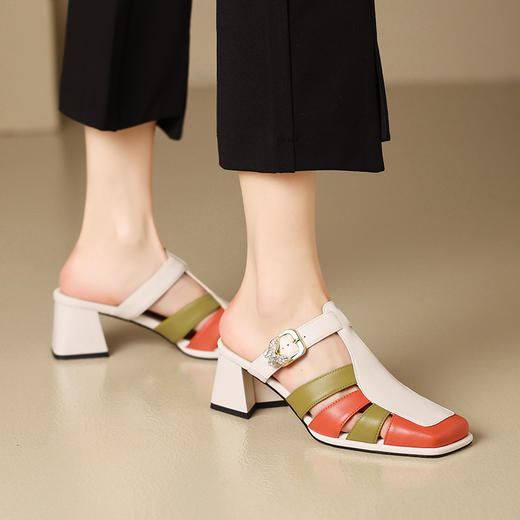 【预售5天】夏季新款，拼接撞色真皮高跟半拖BY-H2217 商品图8