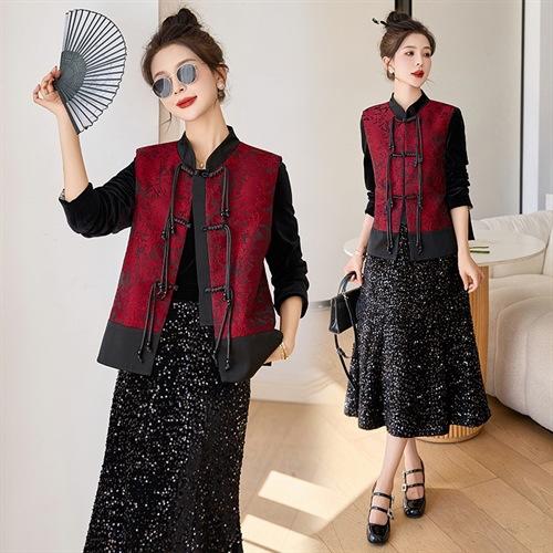 2024新中式套裙女春季新款亮片马甲丝绒半身裙两件套LZW-HMQY5197 商品图0