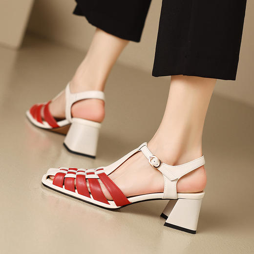 【预售5天】夏季新款，真皮编织撞色粗跟凉鞋BC-H2215 商品图1