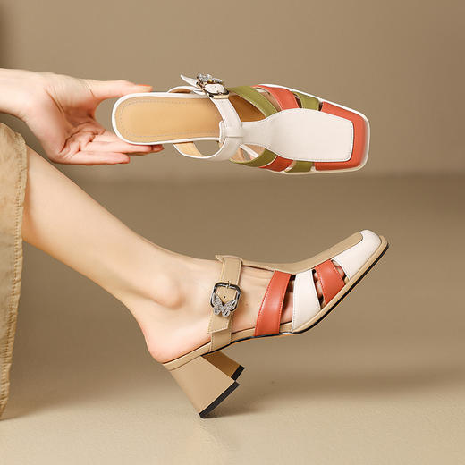 【预售5天】夏季新款，拼接撞色真皮高跟半拖BY-H2217 商品图0