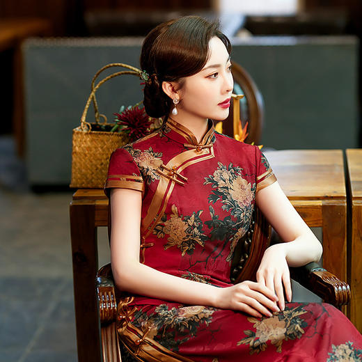 时尚修身长款红色宴会礼服，短袖民国风旗袍ST-C2065 商品图3