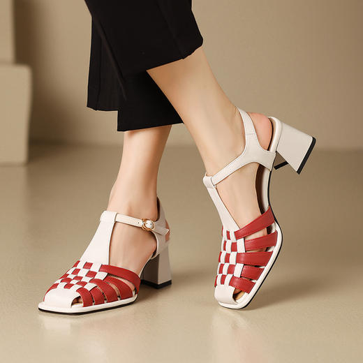 【预售5天】夏季新款，真皮编织撞色粗跟凉鞋BC-H2215 商品图0