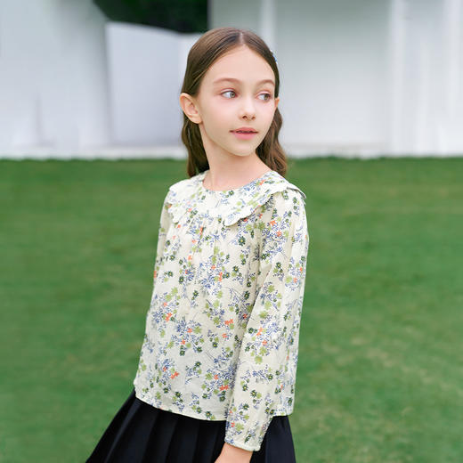 mettekids女童衬衫2024春夏清新绿色碎花上衣童装儿童纯棉衬衣 商品图3