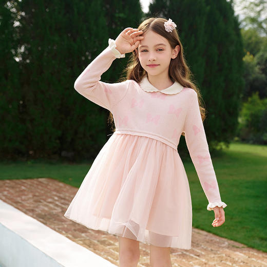 mettekids女童连衣裙春秋2024新款粉色网纱公主儿童洋气针织裙子 商品图3