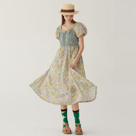 谜底碎花连衣裙短袖2024夏款田园度假风拼接修身长裙女246ML7028