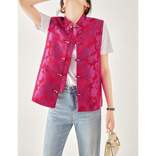 新中式老钱风国潮气质旗袍领盘扣提花马甲背心WLZD23051011 商品图0