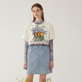 谜底牛仔拼接连衣裙2024夏季新款圆领套头印花宽松中裙246ML7030