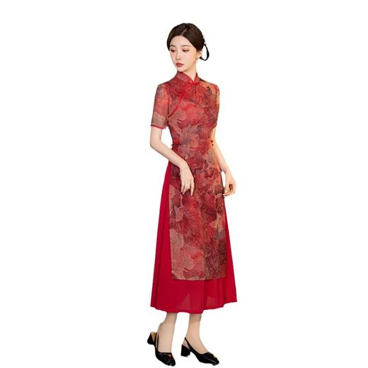 SYK20乔其纱长款奥黛短袖旗袍裙2024春夏款时尚改良民族风高考妈妈旗袍 商品图4