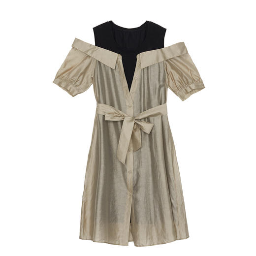 谜底连衣裙女2024夏季新款通勤圆领拼接中长裙短袖露肩246ML7036 商品图4