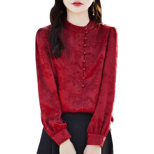 雀说新款醋酸缎面长袖打底衬衫女新中式国风春季气质立领白色上衣AL 商品图4