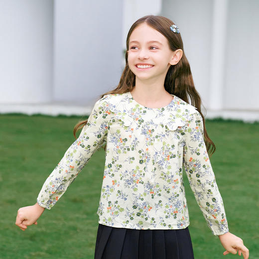 mettekids女童衬衫2024春夏清新绿色碎花上衣童装儿童纯棉衬衣 商品图1