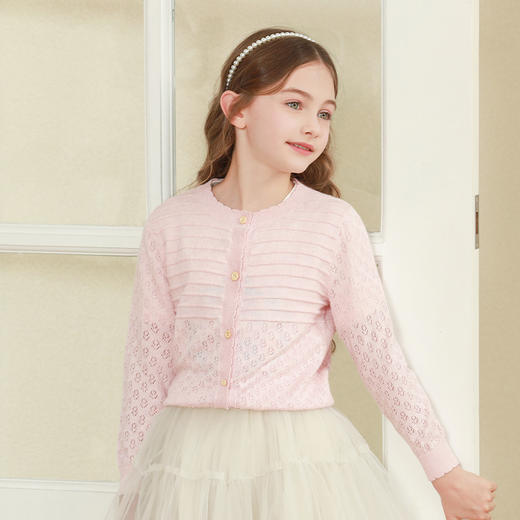 mettekids女童针织开衫2024春秋新款粉色镂空儿童棉羊绒洋气童装 商品图0