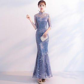 中式旗袍长款改良版，年轻优雅少女甜美年会礼服连衣裙YHY-003
