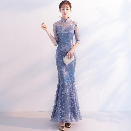 中式旗袍长款改良版，年轻优雅少女甜美年会礼服连衣裙YHY-003 商品图0