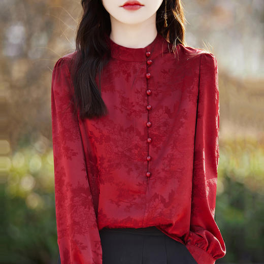雀说新款醋酸缎面长袖打底衬衫女新中式国风春季气质立领白色上衣AL 商品图1