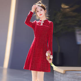 新中式改良旗袍裙，复古国风气质高级感盘扣连衣裙LMJY8835