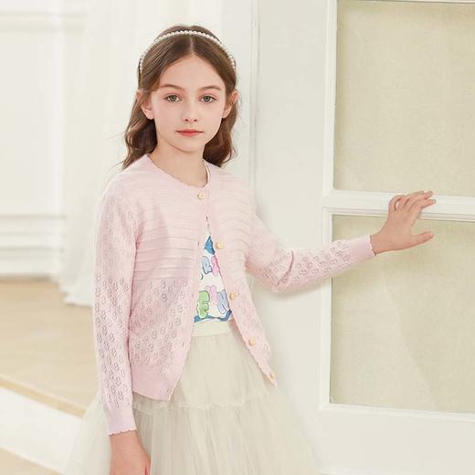 mettekids女童针织开衫2024春秋新款粉色镂空儿童棉羊绒洋气童装 商品图2