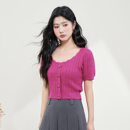 西遇韩式休闲短袖针织衫女夏新款薄款方领设计合体修身简约V0050556 商品图2