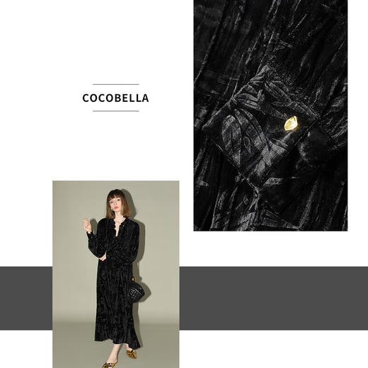 【有赞】COCOBELLA竹叶拓印国风丝绒连衣裙手缝盘扣压褶衬衫裙FR0002B 商品图2