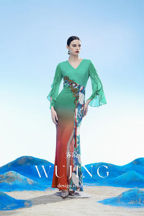 3204027 碧落羽裳 韩国进口水晶乔其纱进口纹理蜂窝缎连衣裙 雾境