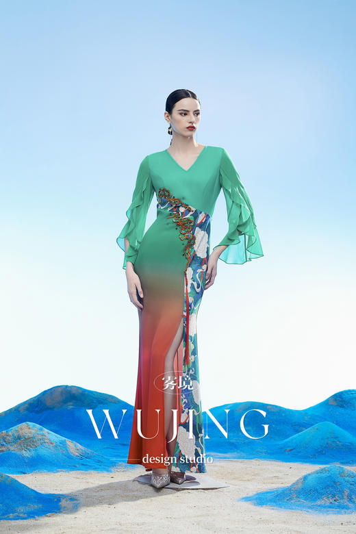 3204027 碧落羽裳 韩国进口水晶乔其纱进口纹理蜂窝缎连衣裙 雾境 商品图0